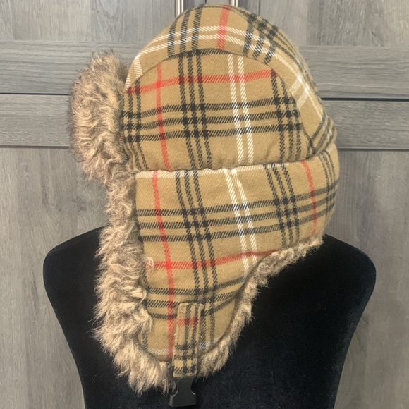 Lids Winter Trappers Tan Plaid Hat Cap Woman's One Size Faux Fur Lined - Picture 6 of 11